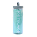 Green chamois dog drying towel rolled inside its clear storage tube with hanging loop