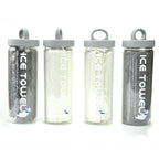 Four chamois dog drying towels in storage tubes in grey and white