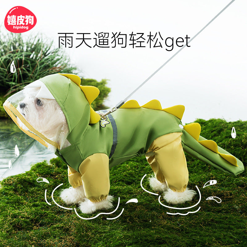Dog Raincoat, Four-Leg Waterproof with Dinosaur Hood, XS to 8XL