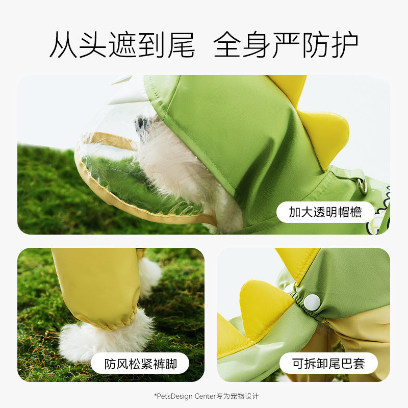 Dog Raincoat, Four-Leg Waterproof with Dinosaur Hood, XS to 8XL