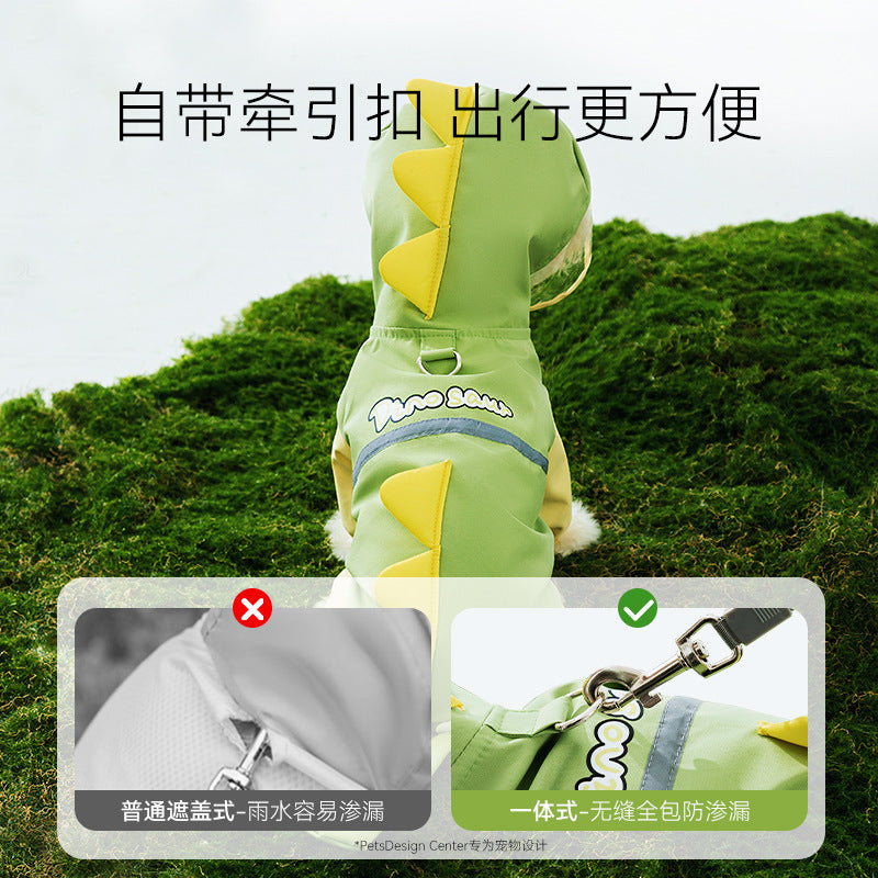 Dog Raincoat, Four-Leg Waterproof with Dinosaur Hood, XS to 8XL