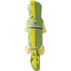 Green and yellow four-leg dog raincoat with dinosaur spikes on the hood, laid flat