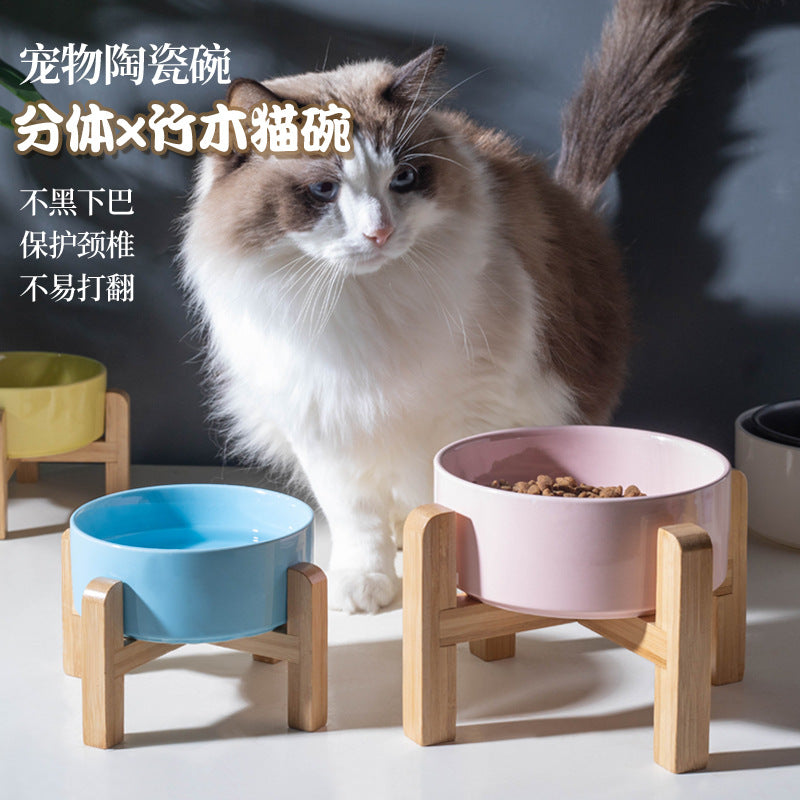Ceramic Pet Bowl with Raised Wooden Stand, 3 Sizes