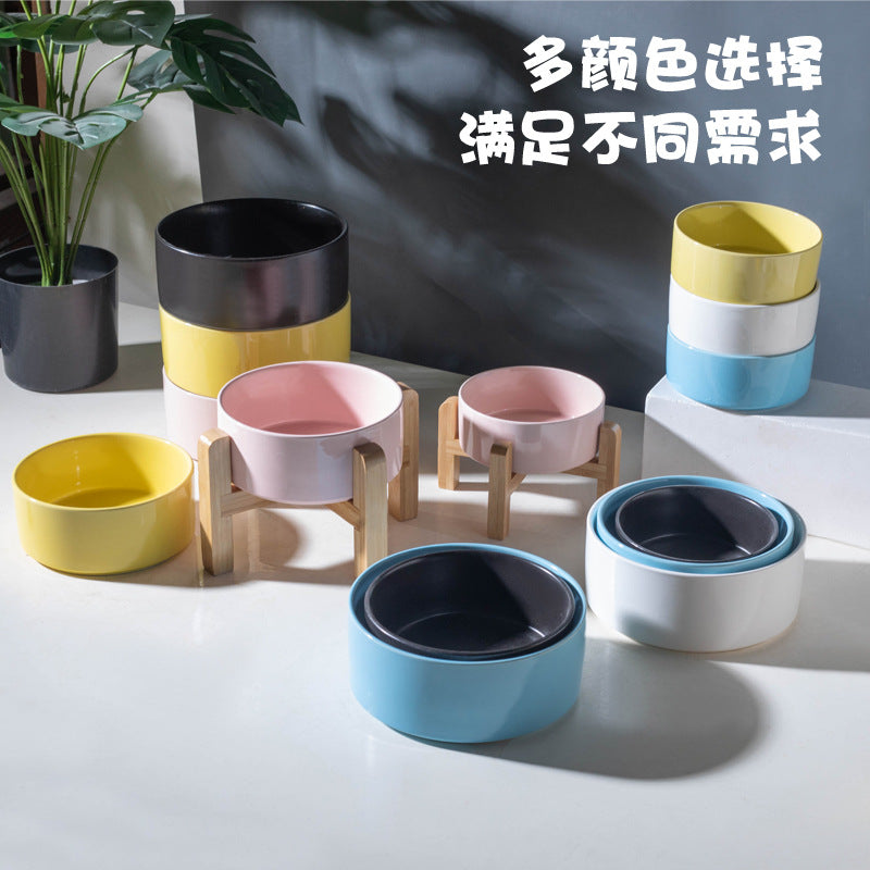 Ceramic Pet Bowl with Raised Wooden Stand, 3 Sizes