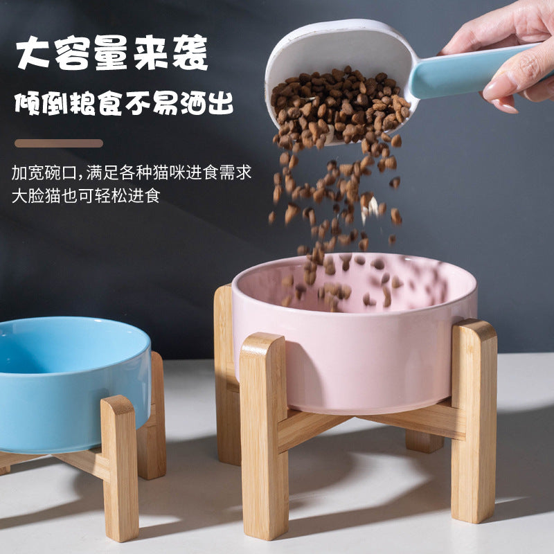 Ceramic Pet Bowl with Raised Wooden Stand, 3 Sizes