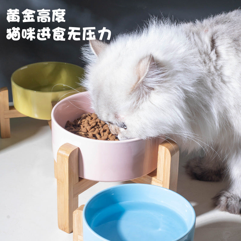 Ceramic Pet Bowl with Raised Wooden Stand, 3 Sizes