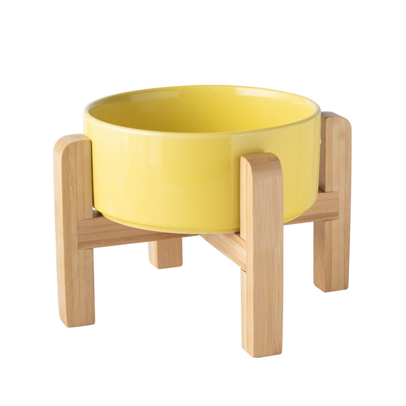 Ceramic Pet Bowl with Raised Wooden Stand, 3 Sizes