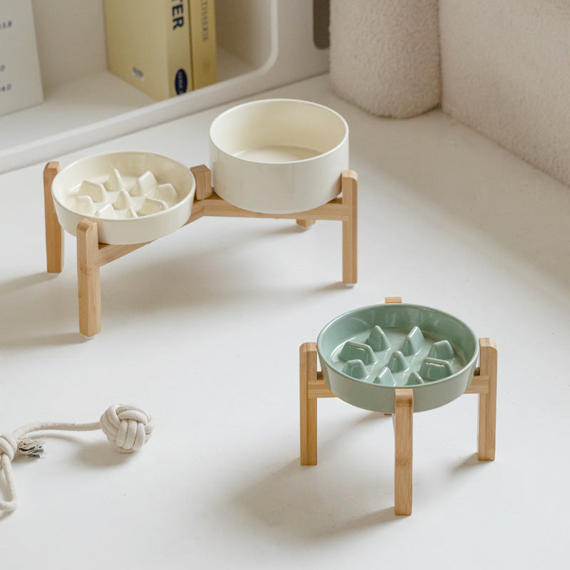 Ceramic Slow Feeder Bowl with Raised Bamboo Stand