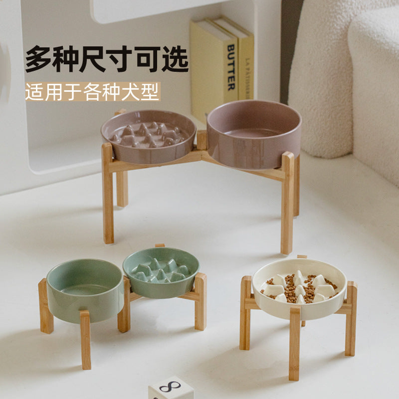 Ceramic Slow Feeder Bowl with Raised Bamboo Stand