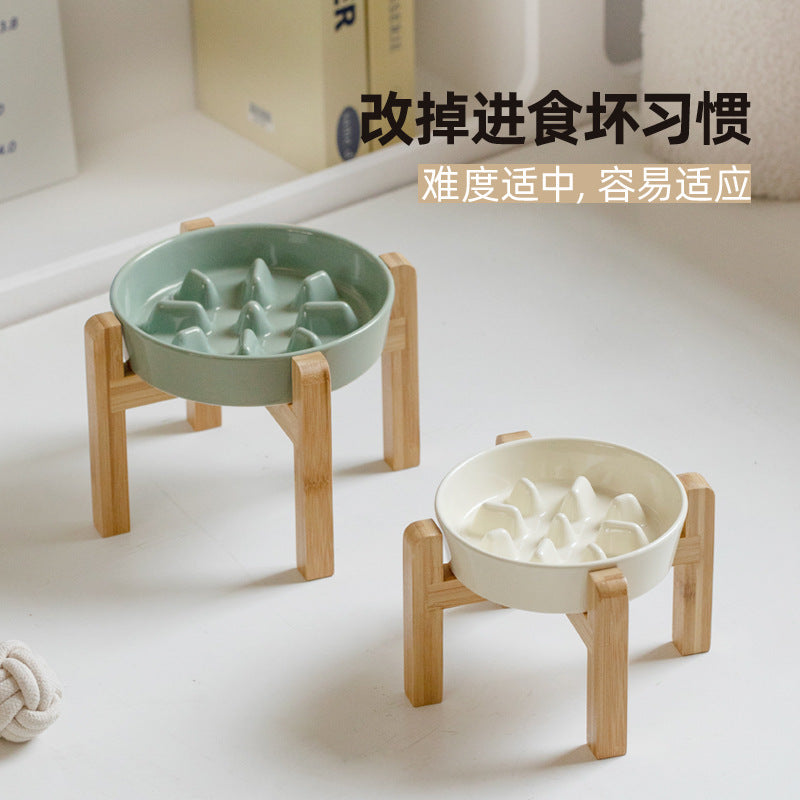 Ceramic Slow Feeder Bowl with Raised Bamboo Stand