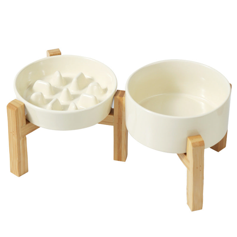 Ceramic Slow Feeder Bowl with Raised Bamboo Stand