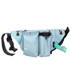 Sky blue waterproof Oxford dog walking waist bag with two front pockets, a side buckle and a waste bag outlet, white background