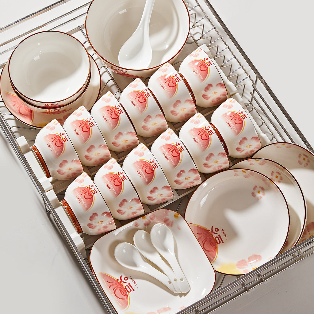 Peony and Gold Rim Dinnerware, Sold by the Piece. A cream body with a soft pink and coral floral motif and a fine gold-toned line at the rim.