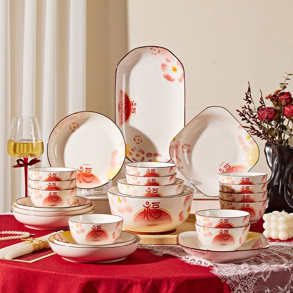Peony and Gold Rim Dinnerware, Sold by the Piece. A cream body with a soft pink and coral floral motif and a fine gold-toned line at the rim.