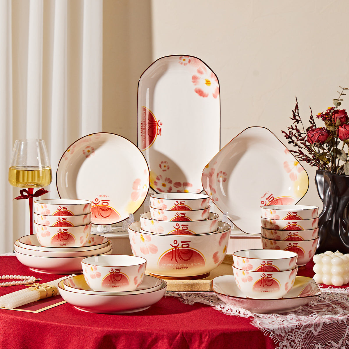 Peony and Gold Rim Dinnerware, Sold by the Piece. A cream body with a soft pink and coral floral motif and a fine gold-toned line at the rim.