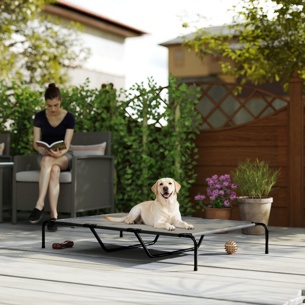 Labrador resting on a gray elevated mesh dog cot on a patio