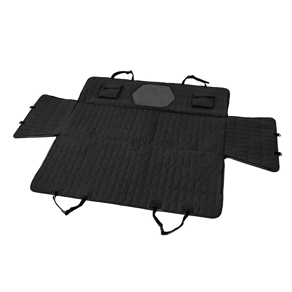 Black dog back seat cover laid flat with headrest straps — Black option