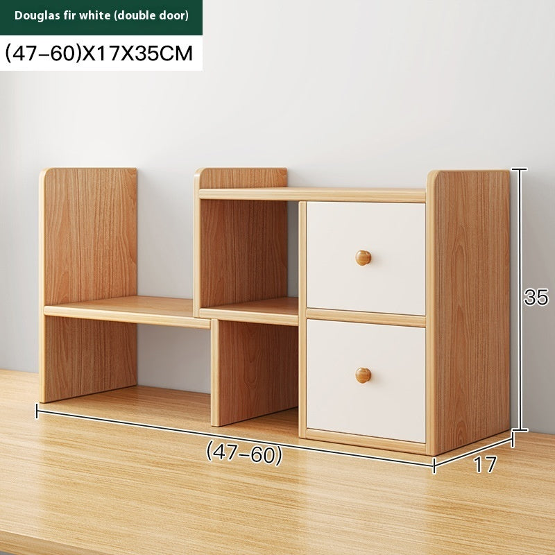 Wood-grain adjustable desktop bookshelf with two doors, 47–60 cm wide — Wood-Grain Two Doors