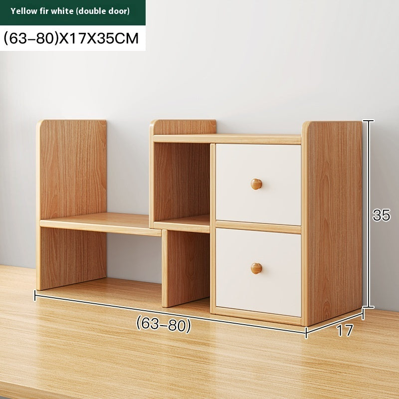 Wood-grain adjustable desktop bookshelf with two doors, 63–80 cm wide — Wood-Grain Two Doors