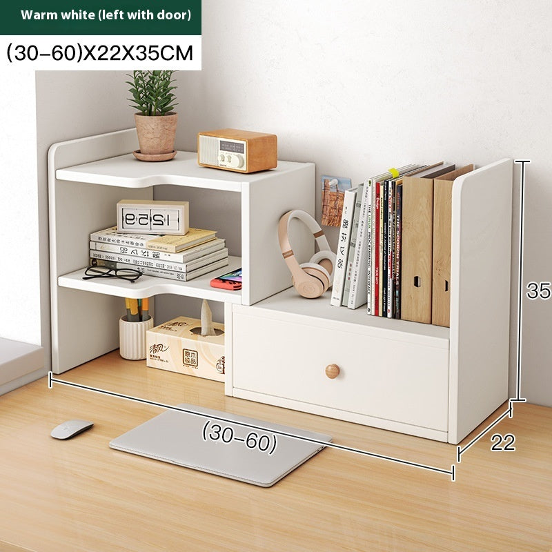 White adjustable desktop bookshelf with a door, 30–60 cm wide — White Left Door