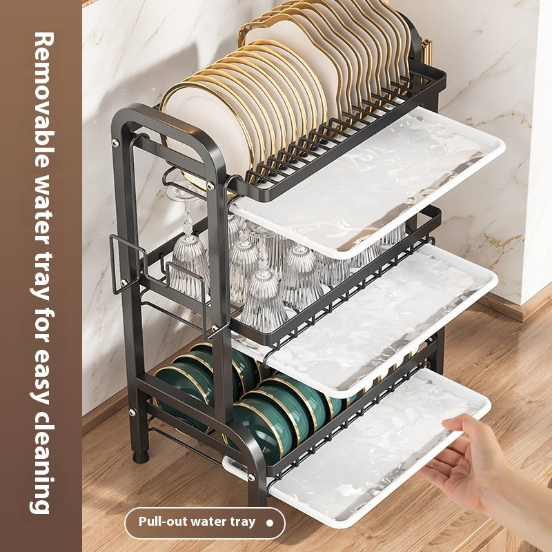 Black dish drying rack with pull-out white drip trays