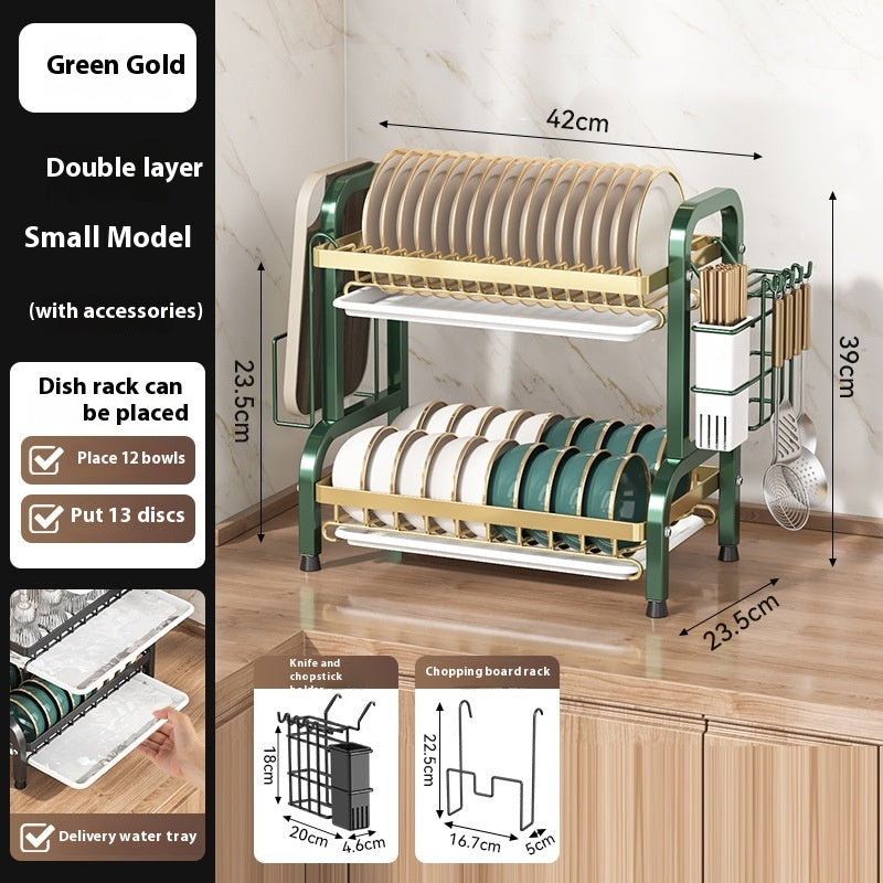 Green and gold 2-tier dish drying rack, 42 cm wide, with utensil holder — Green & Gold 2-tier