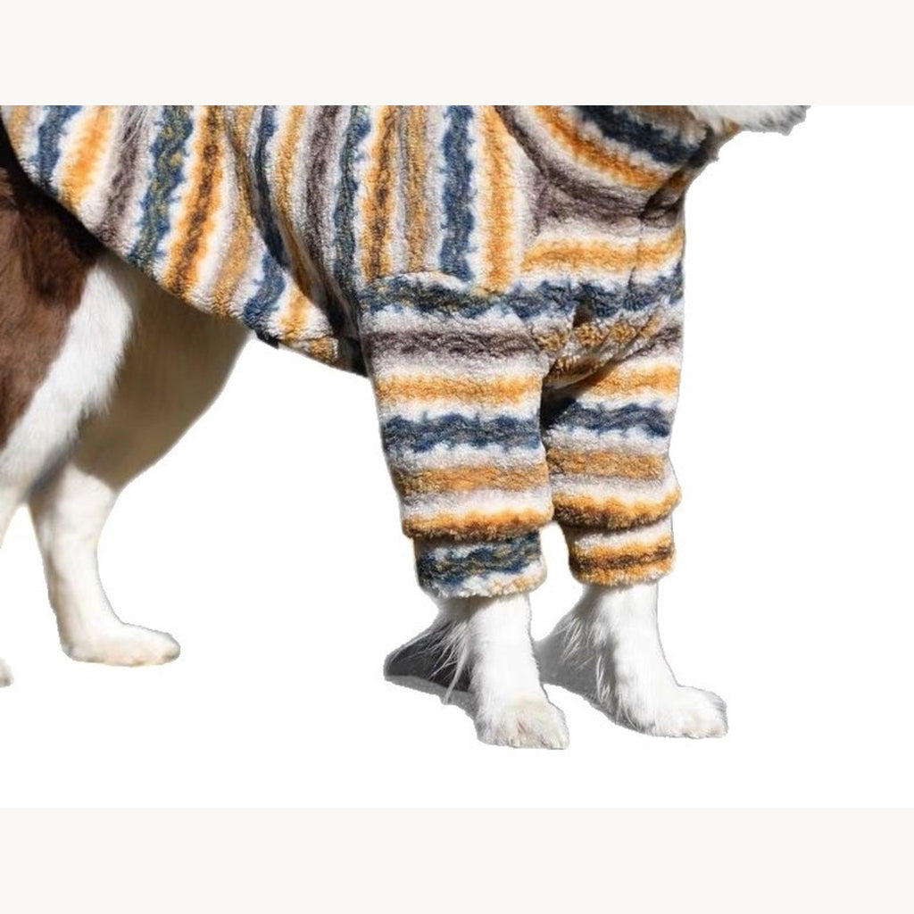 Striped sleeves ending above the paws, seen from below on white