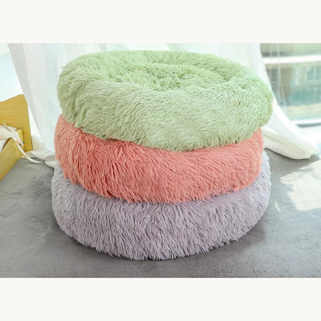 Three donut beds stacked by a window, green on coral on light grey