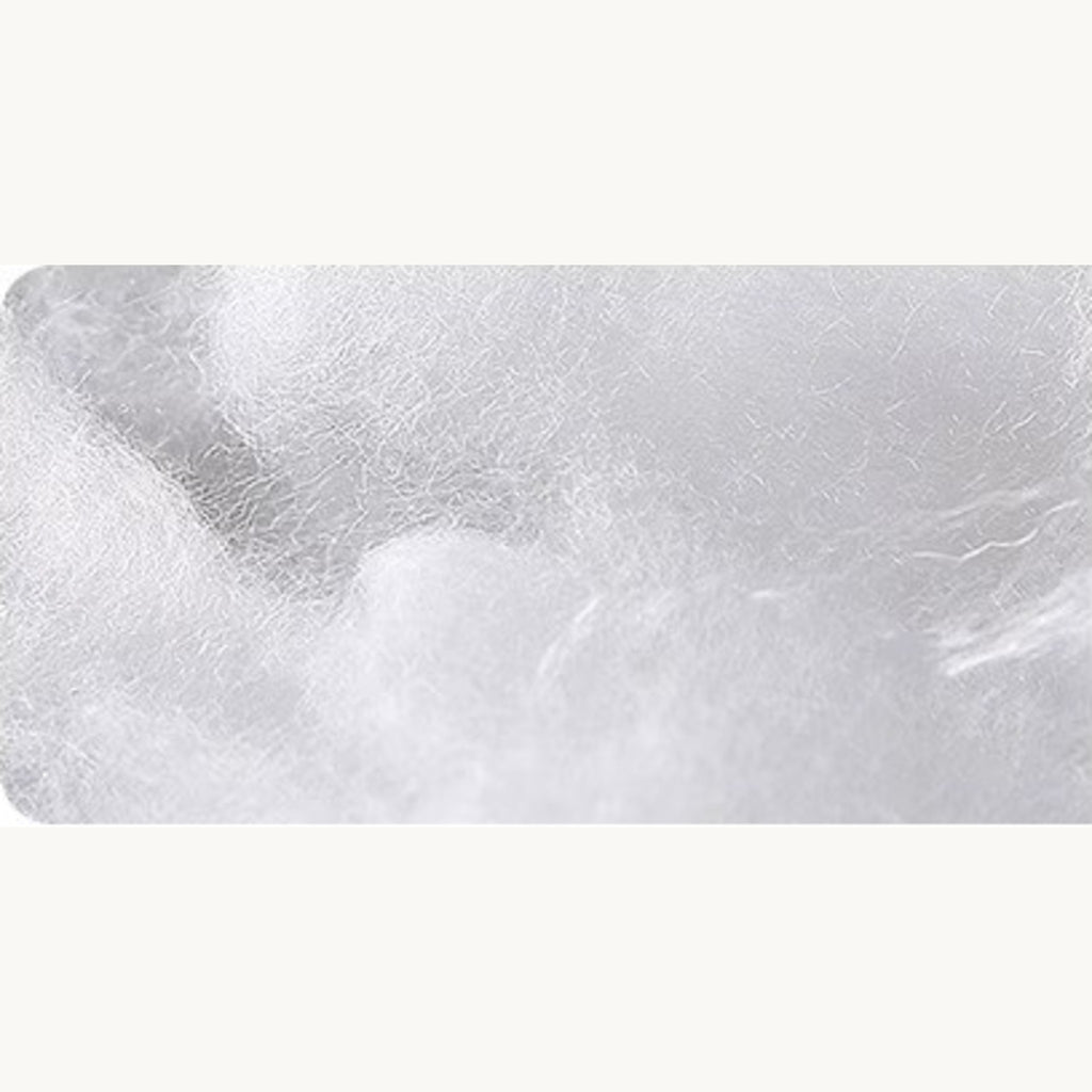 Close-up of loose white polyester fibrefill, the filling used inside the bed