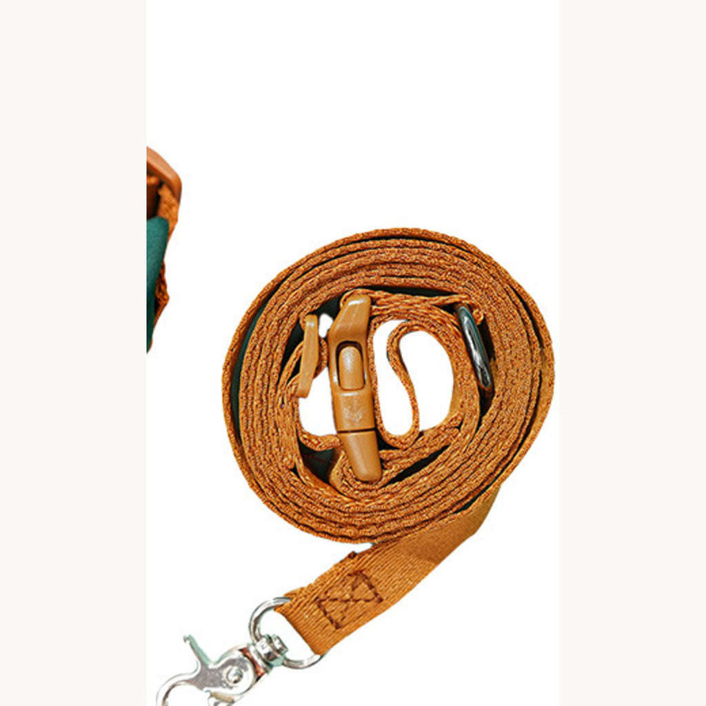 The coiled tan lead with its silver swivel snap hook at the end