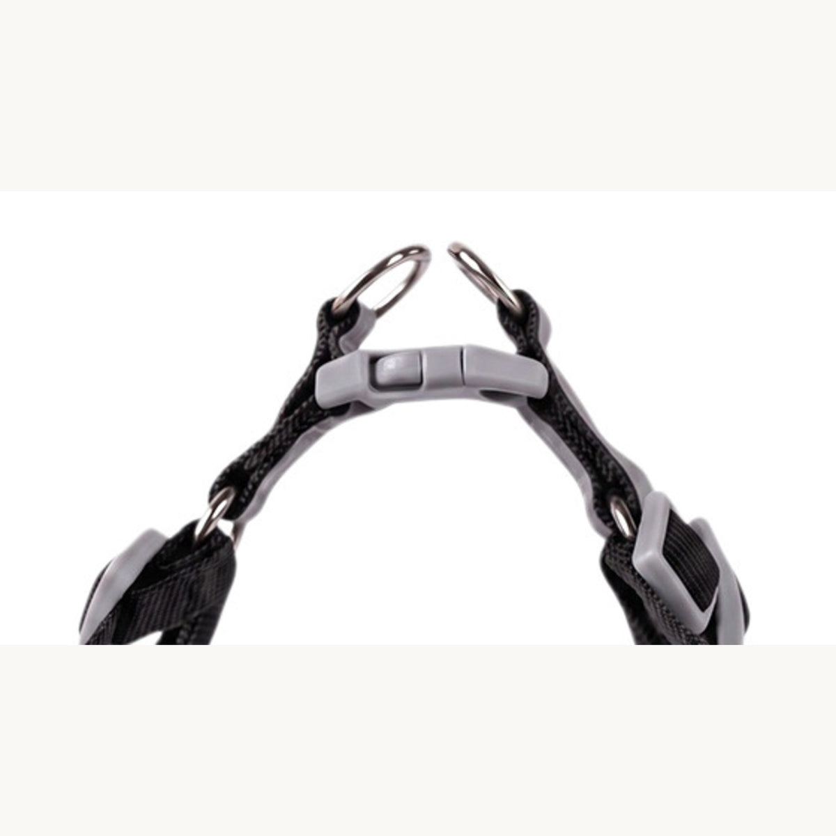 Neck strap, grey side-release buckle and the two metal rings, close up