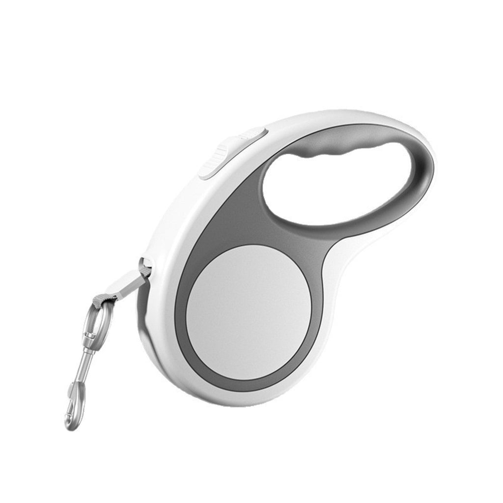 White and grey retractable leash shell with thumb button and swivel snap hook