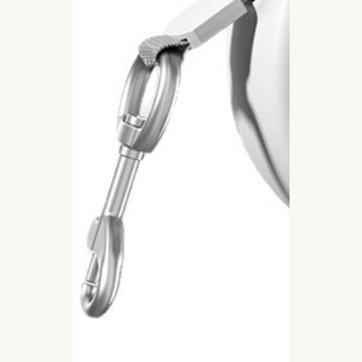 Flat tape end with molded stop block and swivel snap hook hanging below the shell