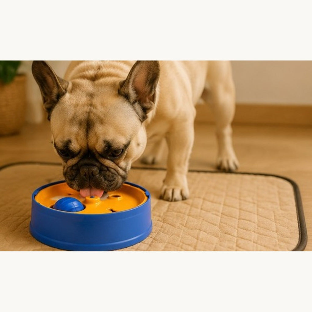 A fawn French bulldog licking the blue and orange puzzle on a quilted mat