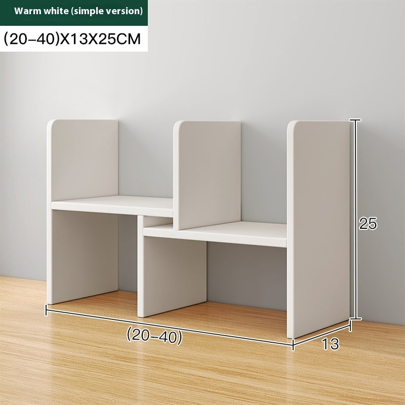 White simple adjustable desktop bookshelf, 20–40 cm wide, 13 cm deep, 25 cm tall — White Simple
