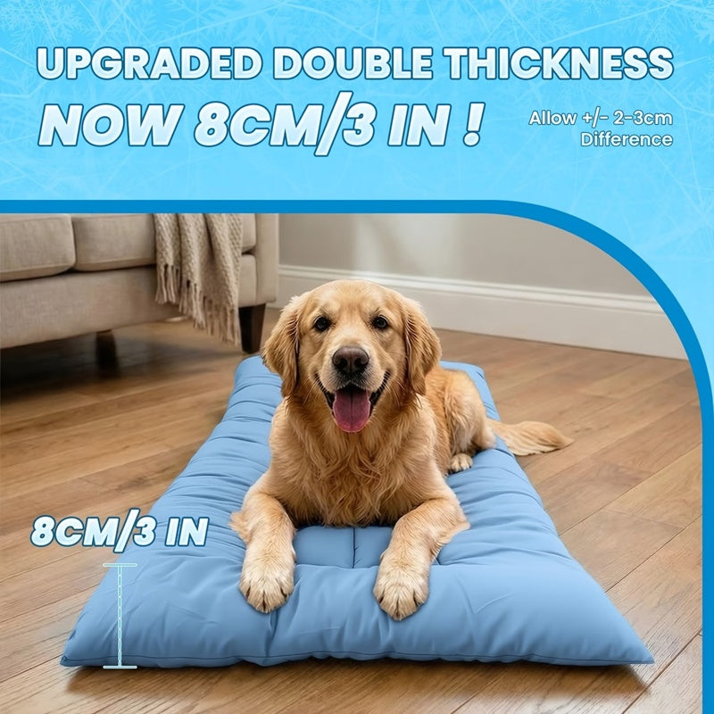 Side view showing the bed is about 3 inches thick with a Golden Retriever on it