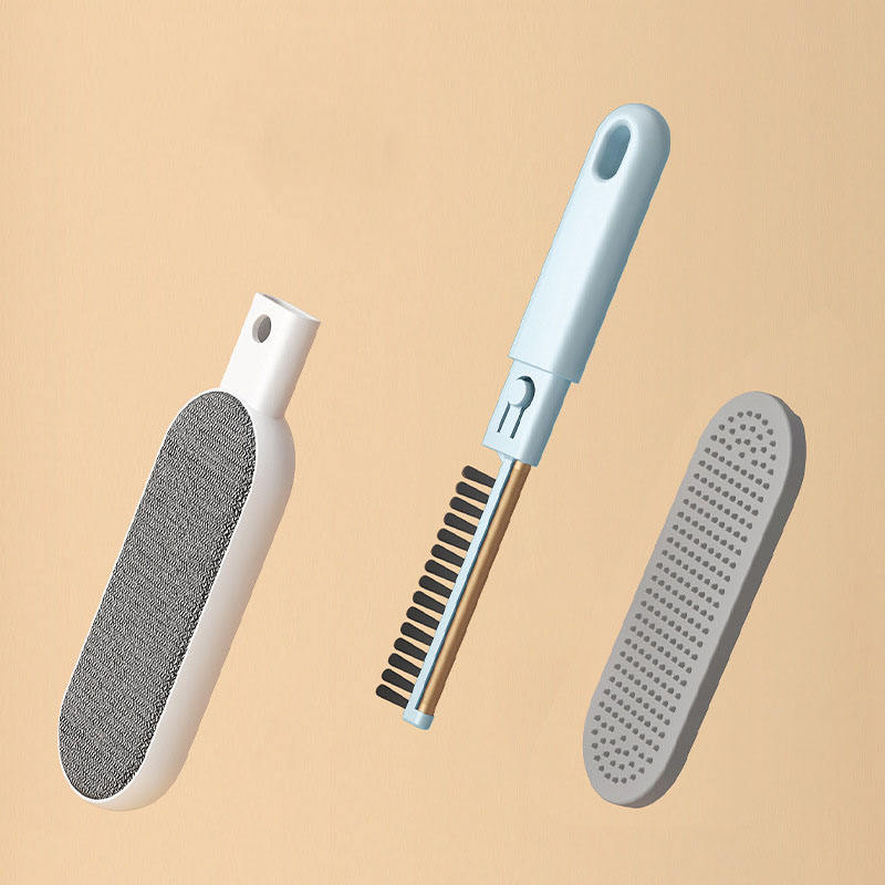 Blue double-sided pet hair remover brush shown in three parts: pad, comb and cover