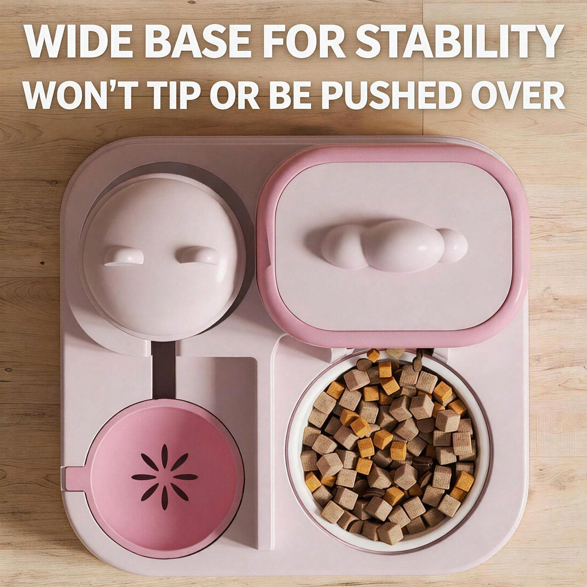 Top-down view of the pink feeder showing the wide base with the kibble bowl and water dish; pink is not sold here