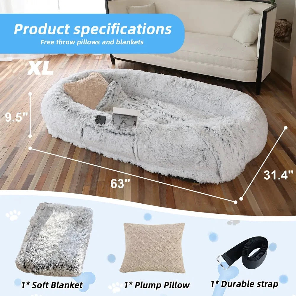 Gray human dog bed, size XL: 63 × 31.4 × 9.5 in, with the included blanket, pillow and strap