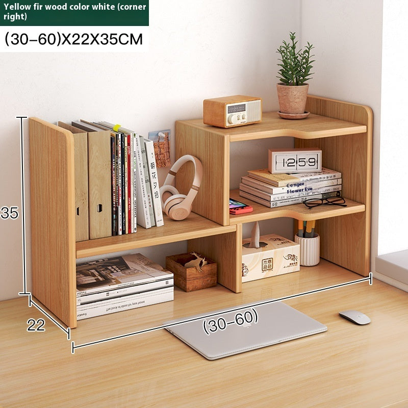 Wood-grain corner-right adjustable desktop bookshelf, 30–60 cm wide, 22 cm deep, 35 cm tall — Wood-Grain Corner Right