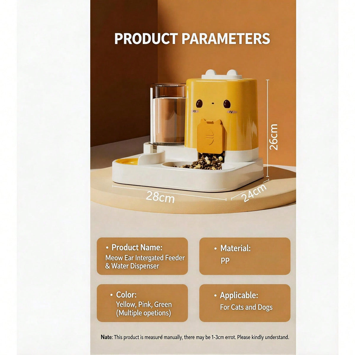 Supplier parameter sheet: 28 × 24 cm base, 26 cm high, material PP, colours yellow, pink and green, for cats and dogs
