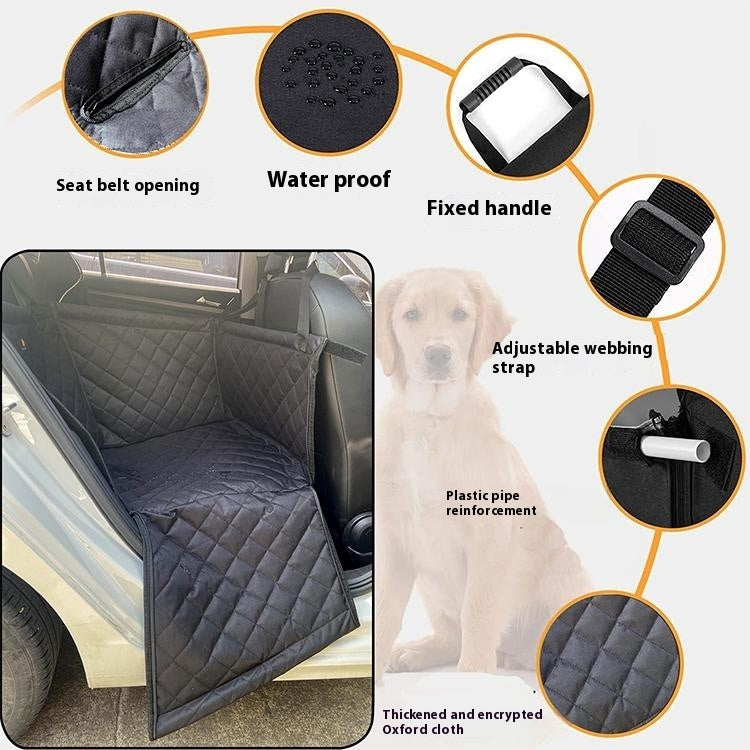 Supplier feature diagram of the dog car seat basket showing the seat belt opening, handle, webbing strap and sides