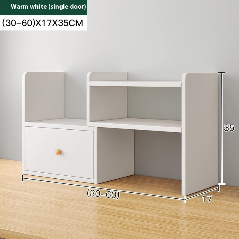 White adjustable desktop bookshelf with single door, 30–60 cm wide — White Single Door