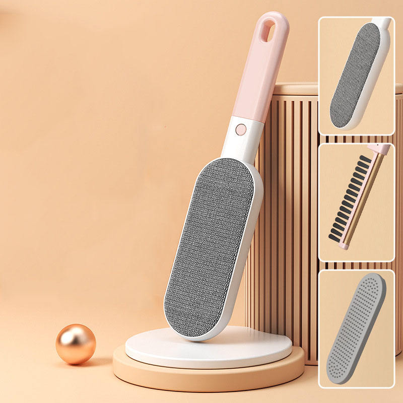 Pink double-sided pet hair remover brush with pad, comb and cover shown in insets — Pink option