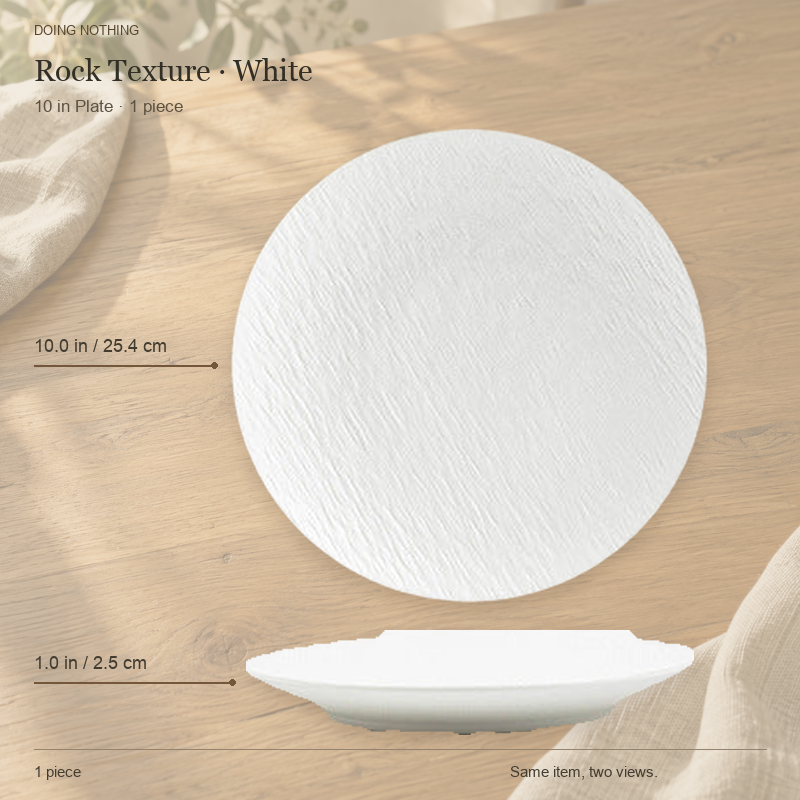 Rock Texture · White 10 in plate, shown from the top and from the side.