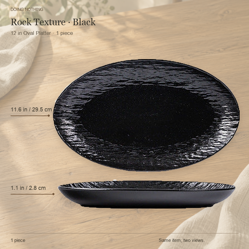 Rock Texture · Black 12 in oval platter, shown from the top and from the side.