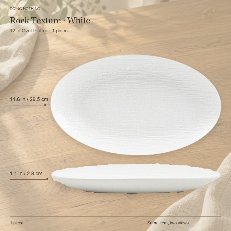 Rock Texture · White 12 in oval platter, shown from the top and from the side.