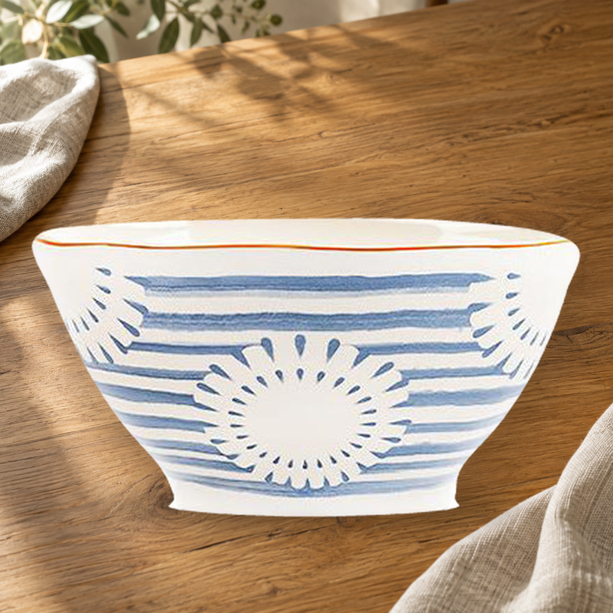 Blue Rhyme Thick Retro 8 in soup bowl on a wooden table in soft daylight.