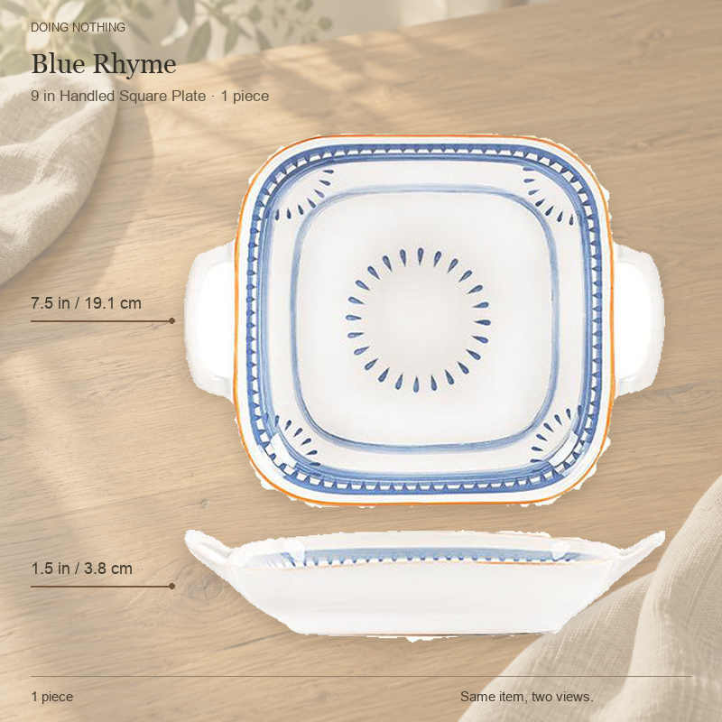Blue Rhyme 9 in handled square plate, shown from the top and from the side.