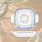 Blue Rhyme 9 in handled square plate, shown from the top and from the side.